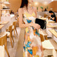 High-grade drape silk satin V-neck suspender dress satin temperament printed floral dress R1000