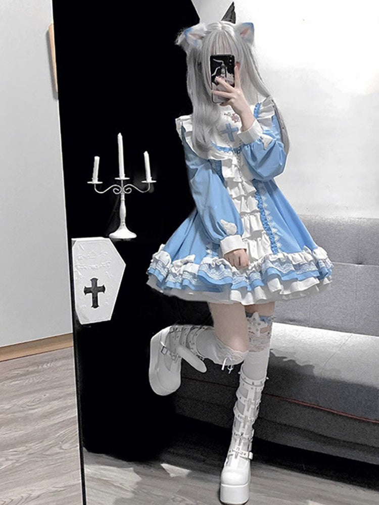Gothic style decoration female lolita blue and white dress female cute daily dress OP princess dress R1678