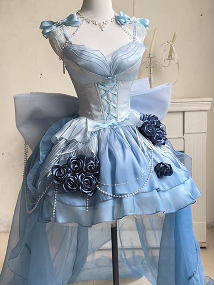 Sky blue short rose wedding dress Lolita trailing puffy princess dress R1681