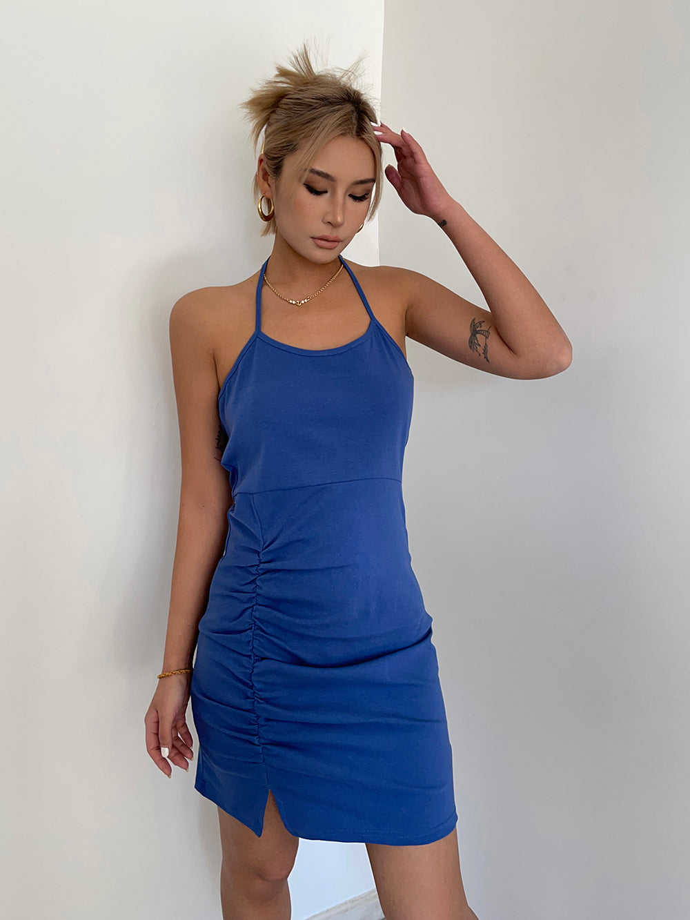 Hot girl style halter neck straps pleated slit slim suspender skirt holiday style hip skirt dress R3086