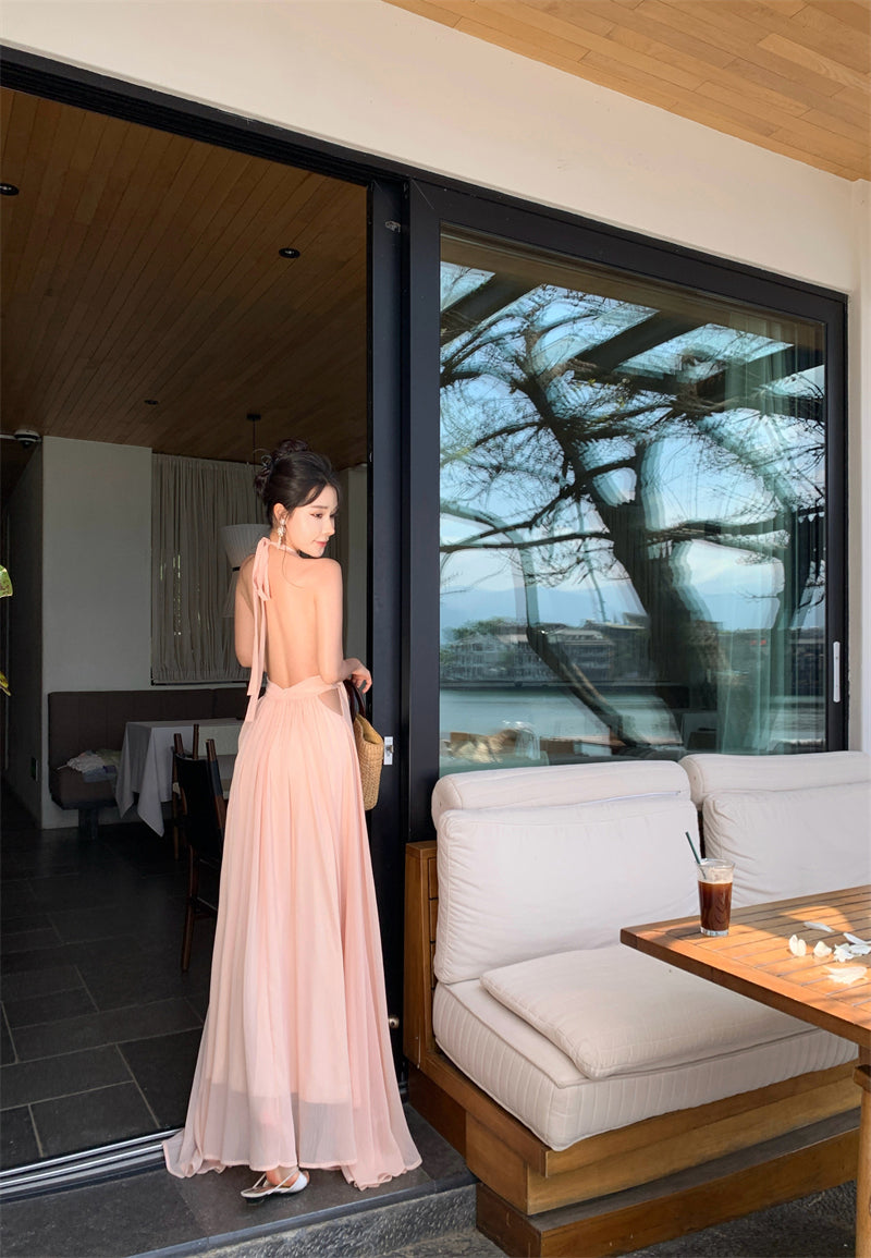 Gentle temperament V-neck halter dress unique waist A-line beach dress R0576