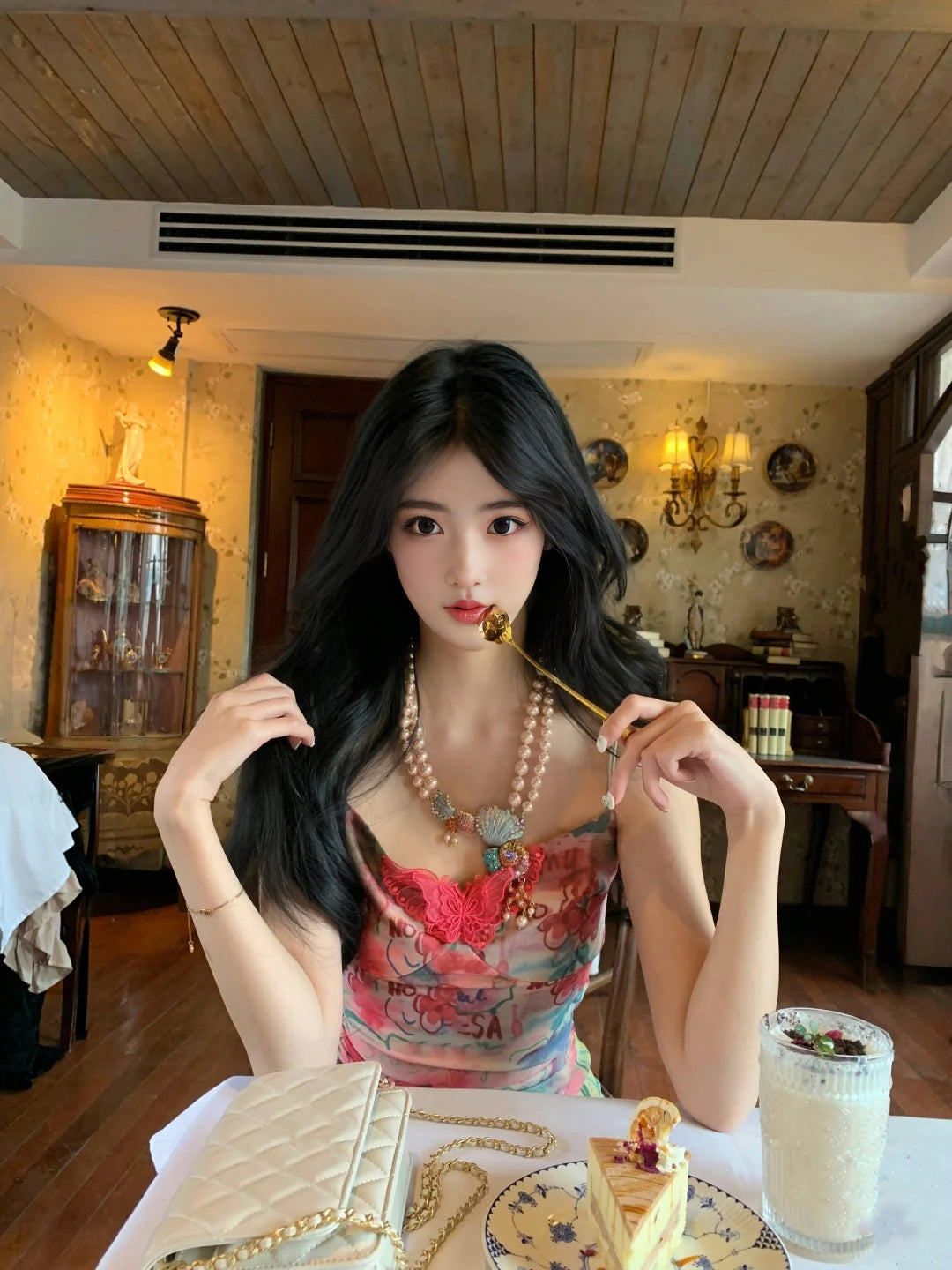 Sexy slim waist suspender dress beautiful printed hip skirt R0577