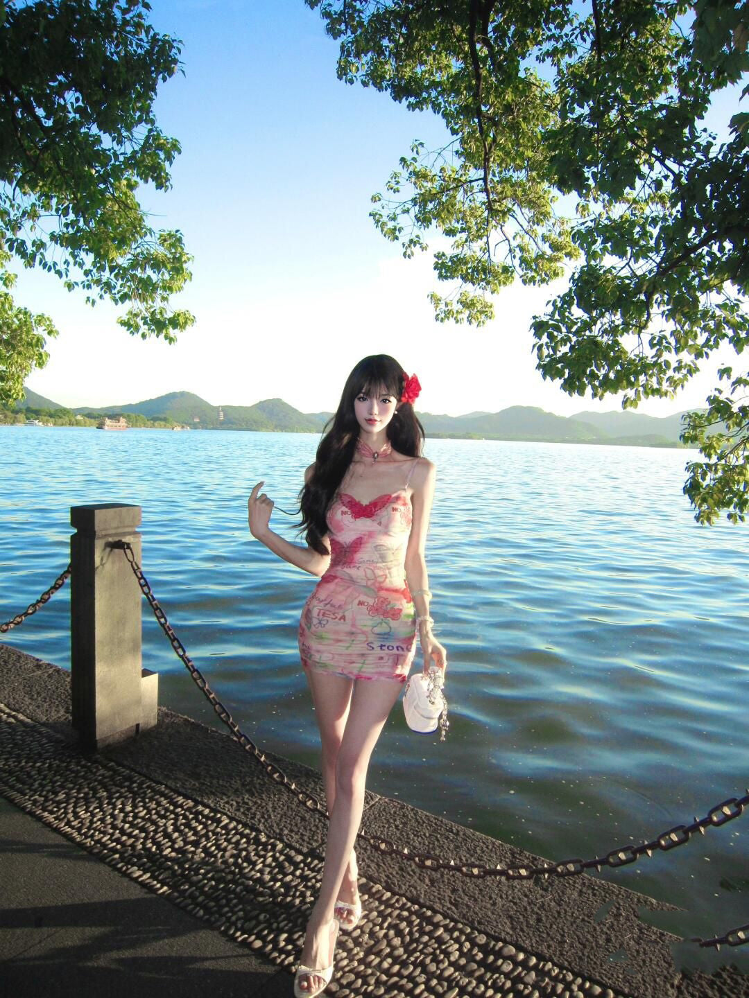 Sexy Slim Hip-hugging Suspender Dress Oil Painting Graffiti Butterfly Dress R0575