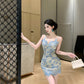 Blue suspender dress, sexy waist, slim hip skirt R0579