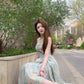 Green floral suspender dress gentle temperament waist small skirt R0578