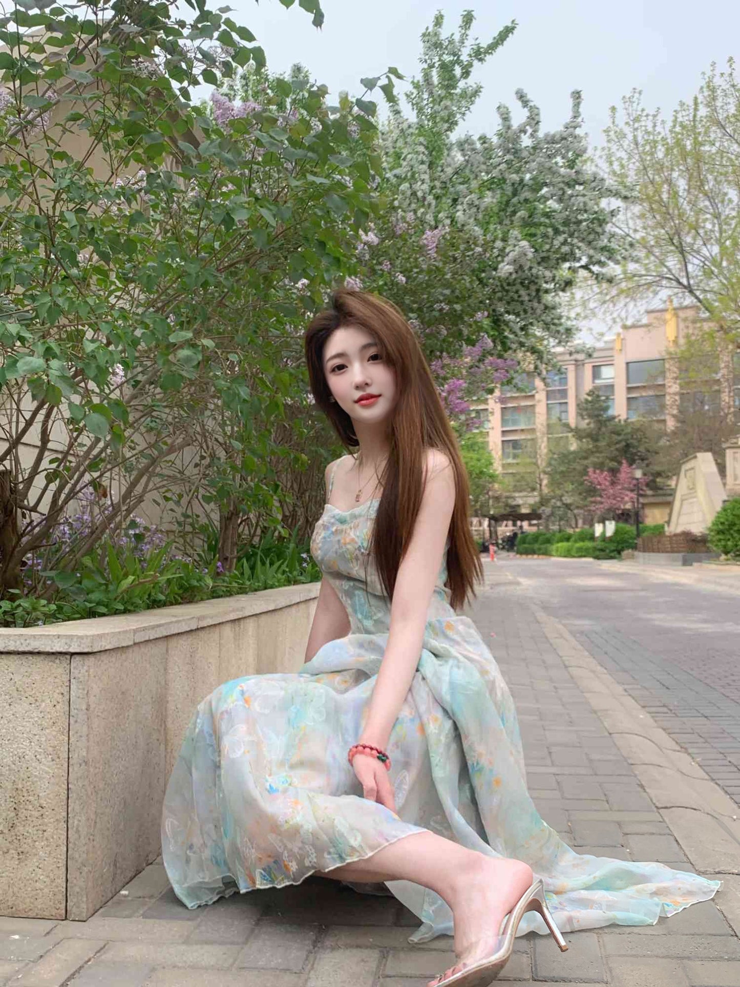 Green floral suspender dress gentle temperament waist small skirt R0578