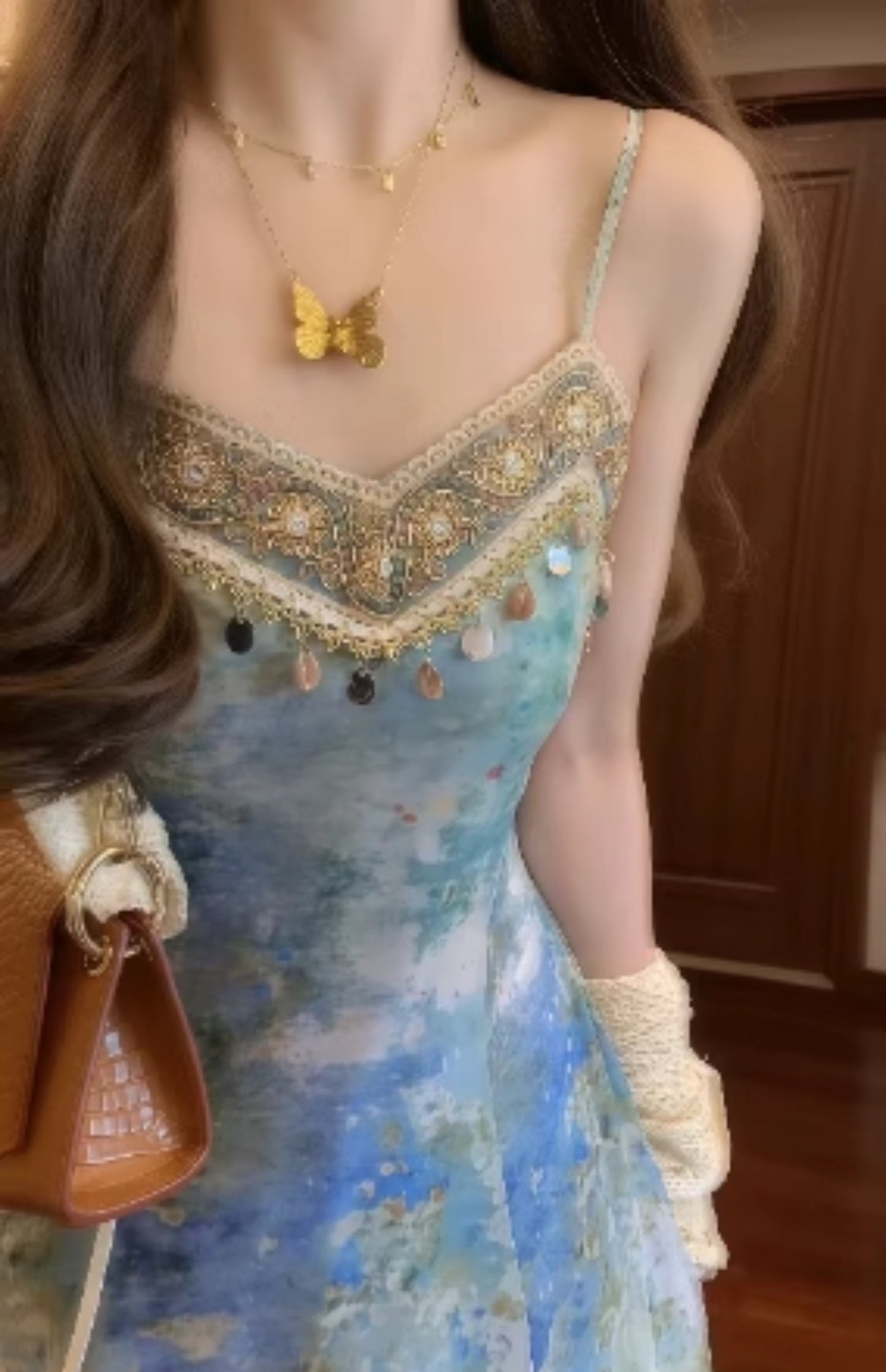 Women's Blended Floral Sling Dress Beautiful Waist A-Line Beach Dress R0617