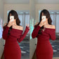 Christmas retro sexy red dress 2025 new slim knitted one-shoulder tube top bottoming skirt R0149