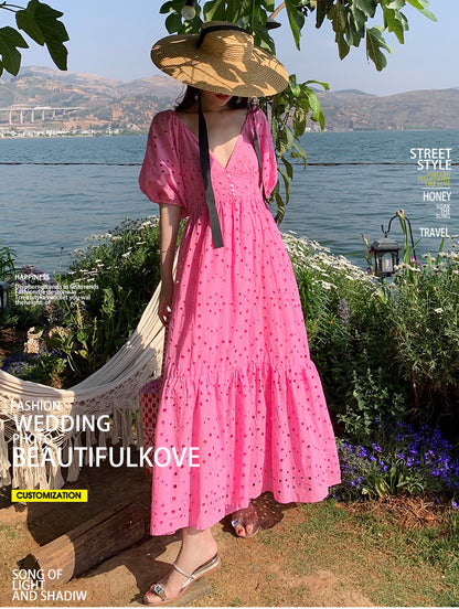 Retro lace heavy long French embroidery hollow V-neck puff sleeve loose fishtail dress R0180