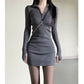 Sexy hot girl style lapel long-sleeved knitted dress 2025 new style inner base hip skirt short style R0146