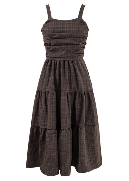Hepburn style retro plaid suspender skirt long 2025 new design niche high waist dress R0158