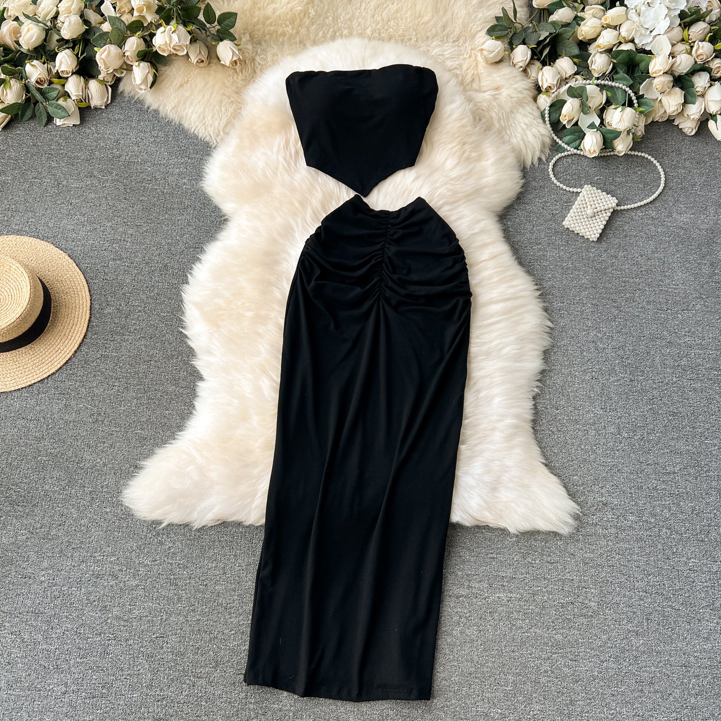 Hot girl style tube top short versatile pleated slim skirt fashionable two-piece skirt suit R2239