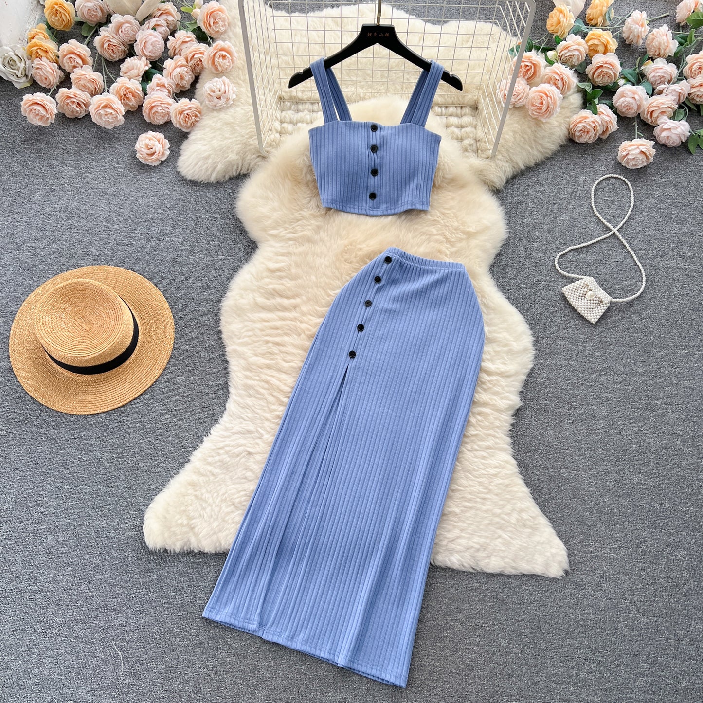 Small pure desire suit French short tube top camisole vest high waist slim slit skirt R2263