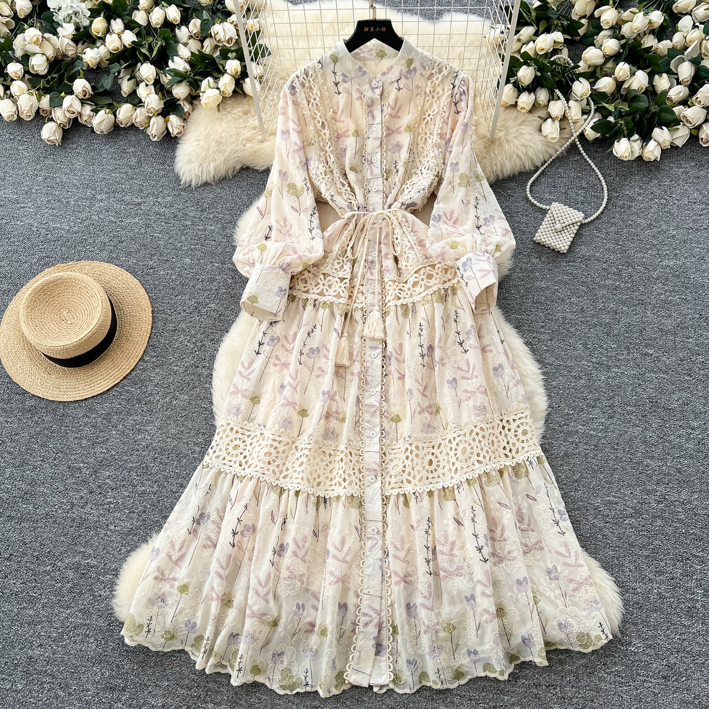 Palace style lace patchwork waist dress French slim print embroidered fairy long dress R2244