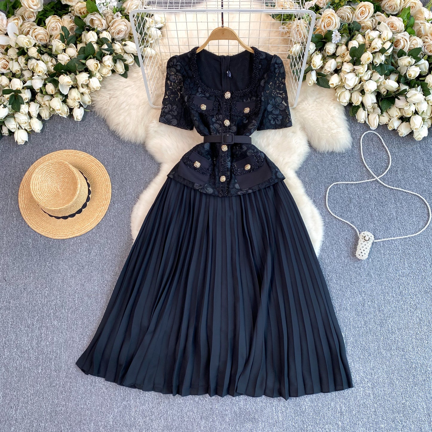 French Chanel style dress exquisite temperament square neck lace pleated long dress R2243