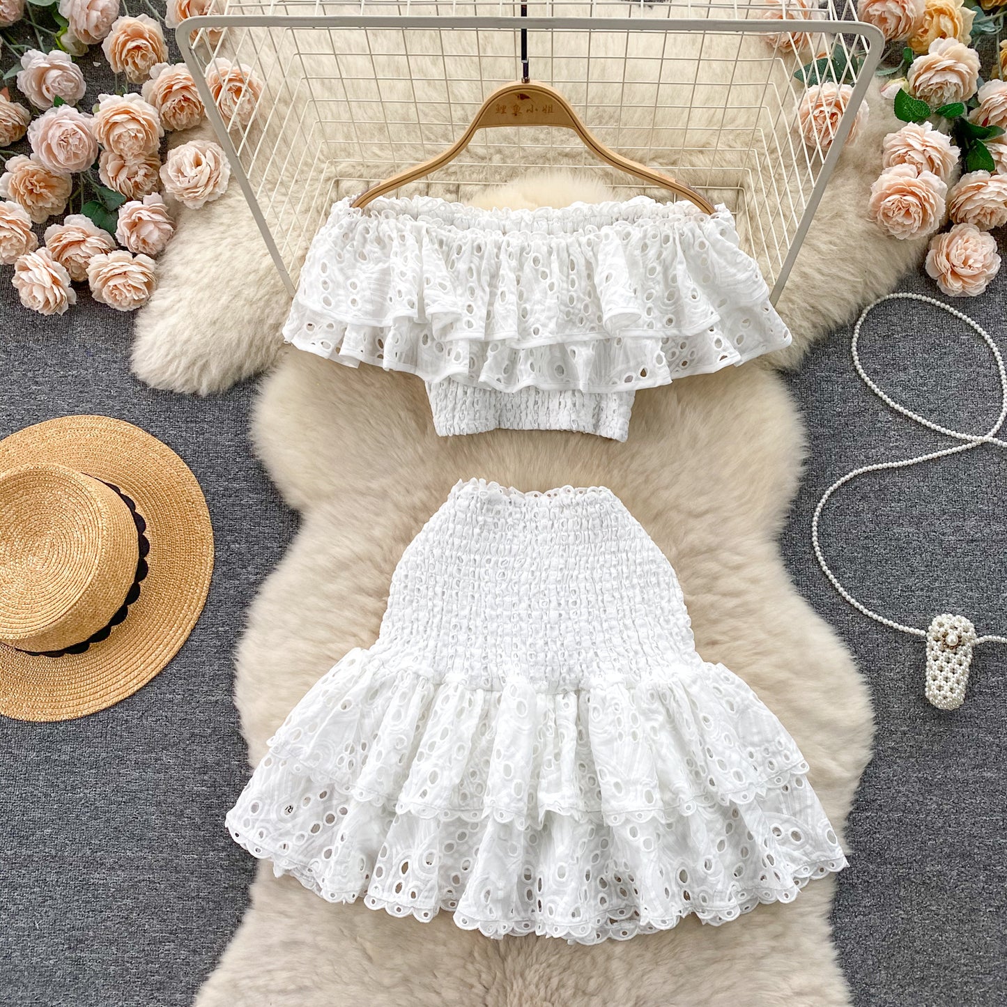 Holiday style suit heavy embroidery hollow ruffle one-shoulder top short skirt two-piece suit R2255