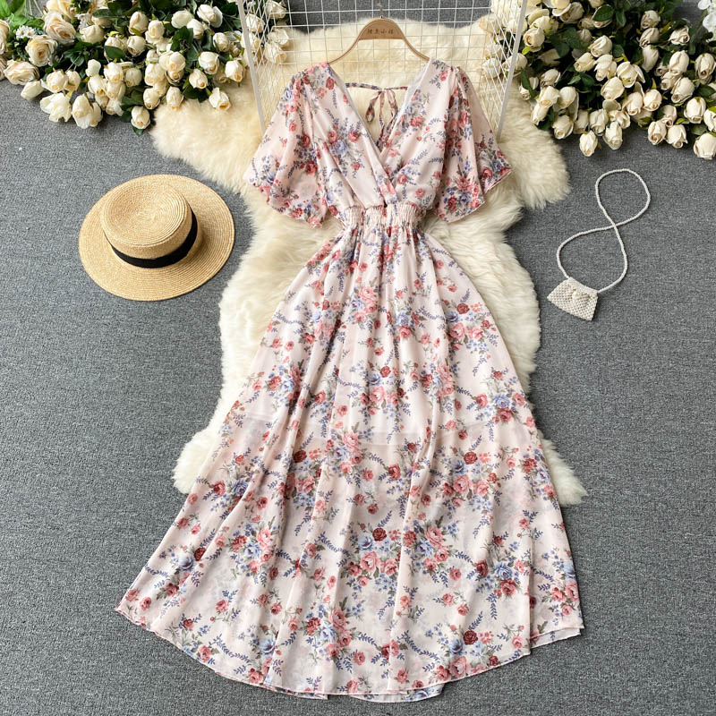 Seaside holiday dress 2025 new sexy V-neck waist slim long chiffon floral beach dress R2262