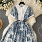 French palace style short-sleeved printed dress with waist and fairy temperament long dress R2241