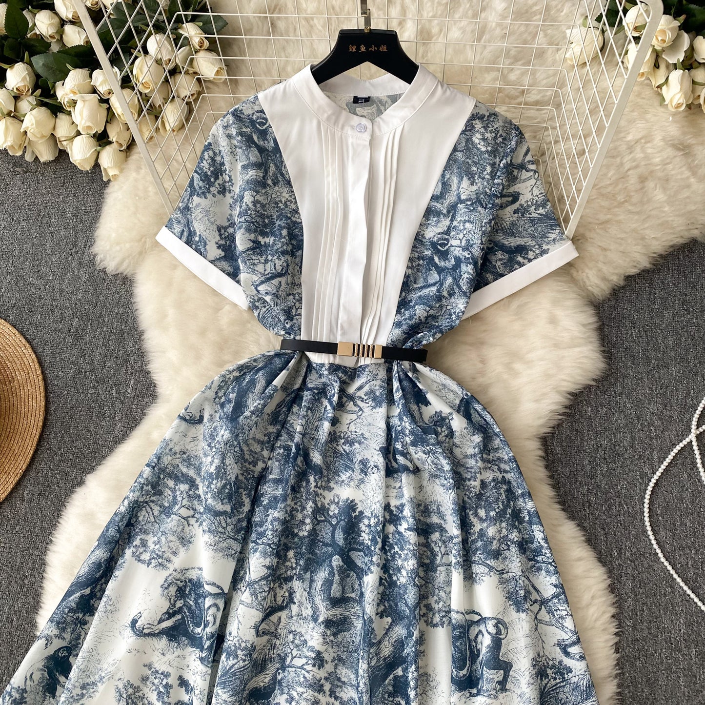 French palace style short-sleeved printed dress with waist and fairy temperament long dress R2241