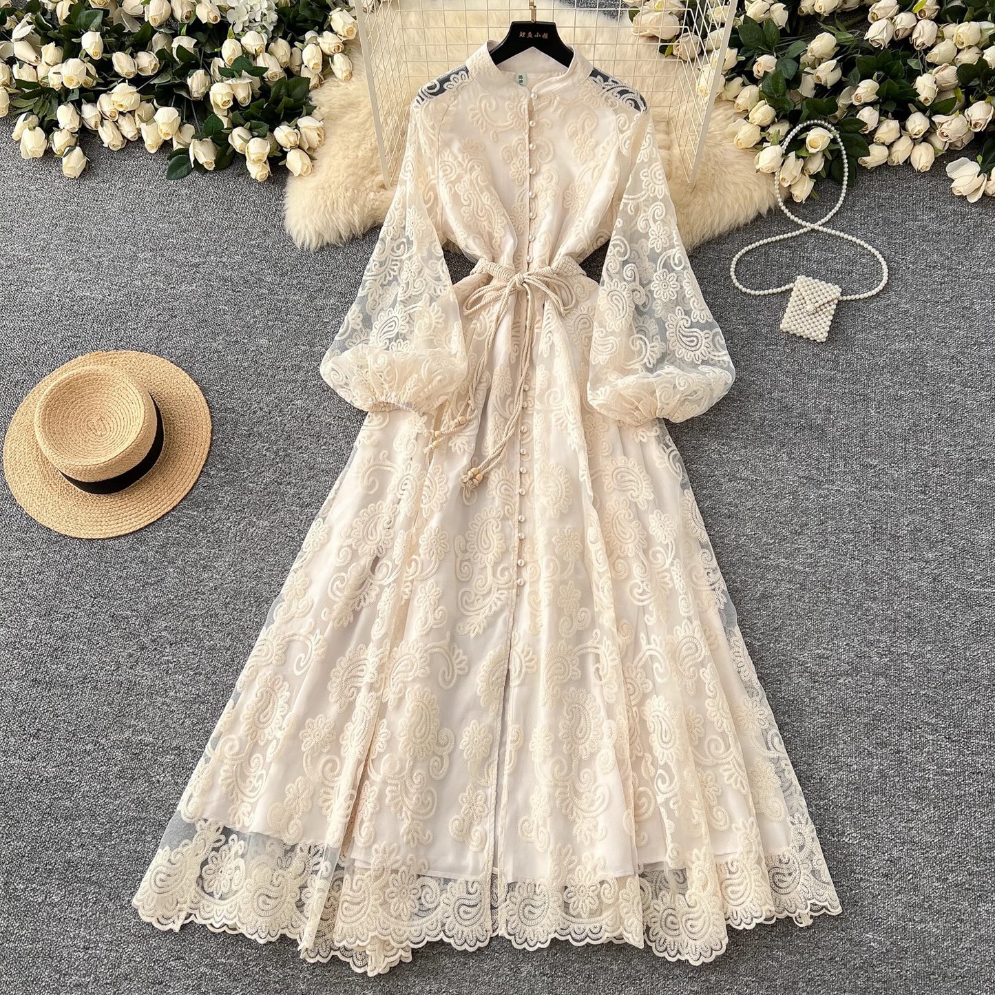 Elegant Stand Collar Crochet Embroidery Lantern Sleeve Tie Waist Long Dress R2250