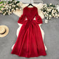 Palace style dress with tassels, V-neck, slim fit, long, pleated, trumpet sleeves R2260