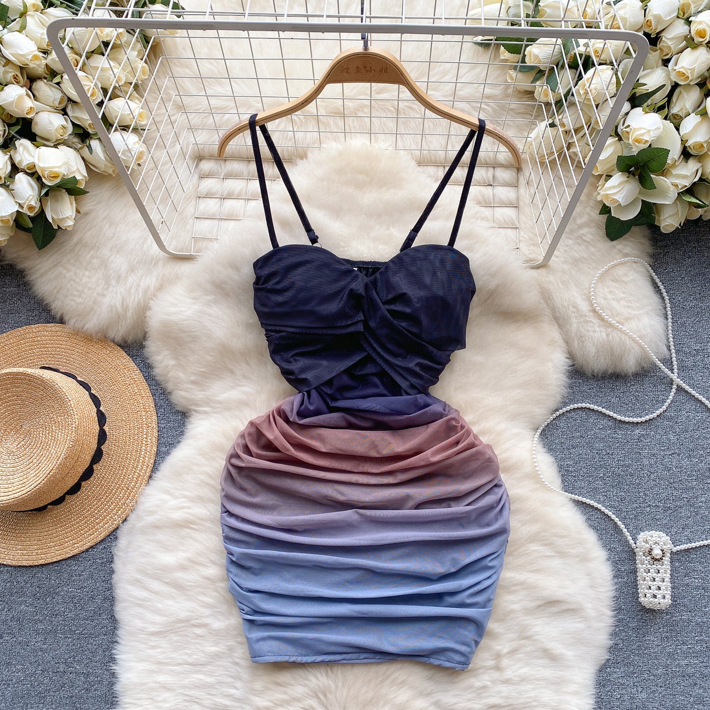 Sexy elastic mesh dress 2025 new pleated slim short sexy hip suspender skirt R2268