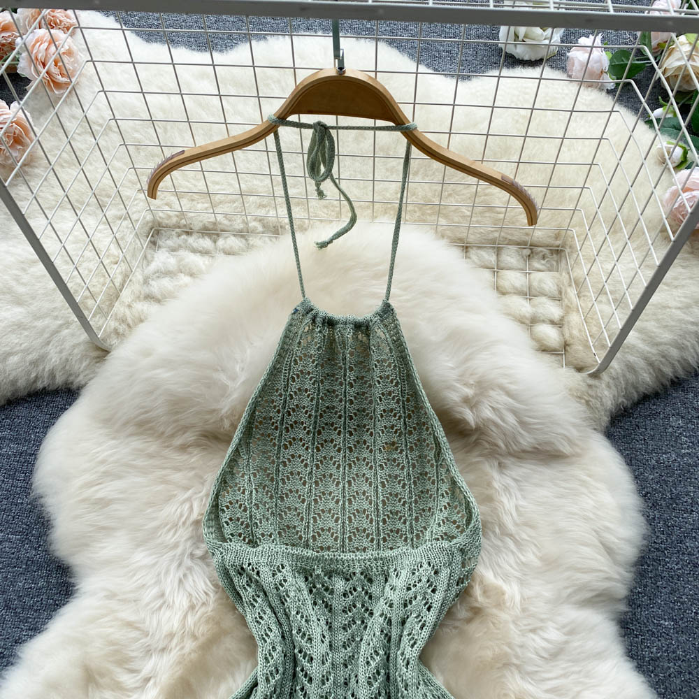 High-end temperament halter neck sleeveless hollow knitted dress slim fit slit holiday dress R2256