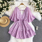 Holiday style 2025 new niche sexy deep V-neck lace patchwork waist flared sleeve dress R2269