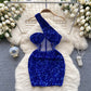 French lady style oblique collar dress mesh sequins niche hip-wrapped hot girl short skirt R2247