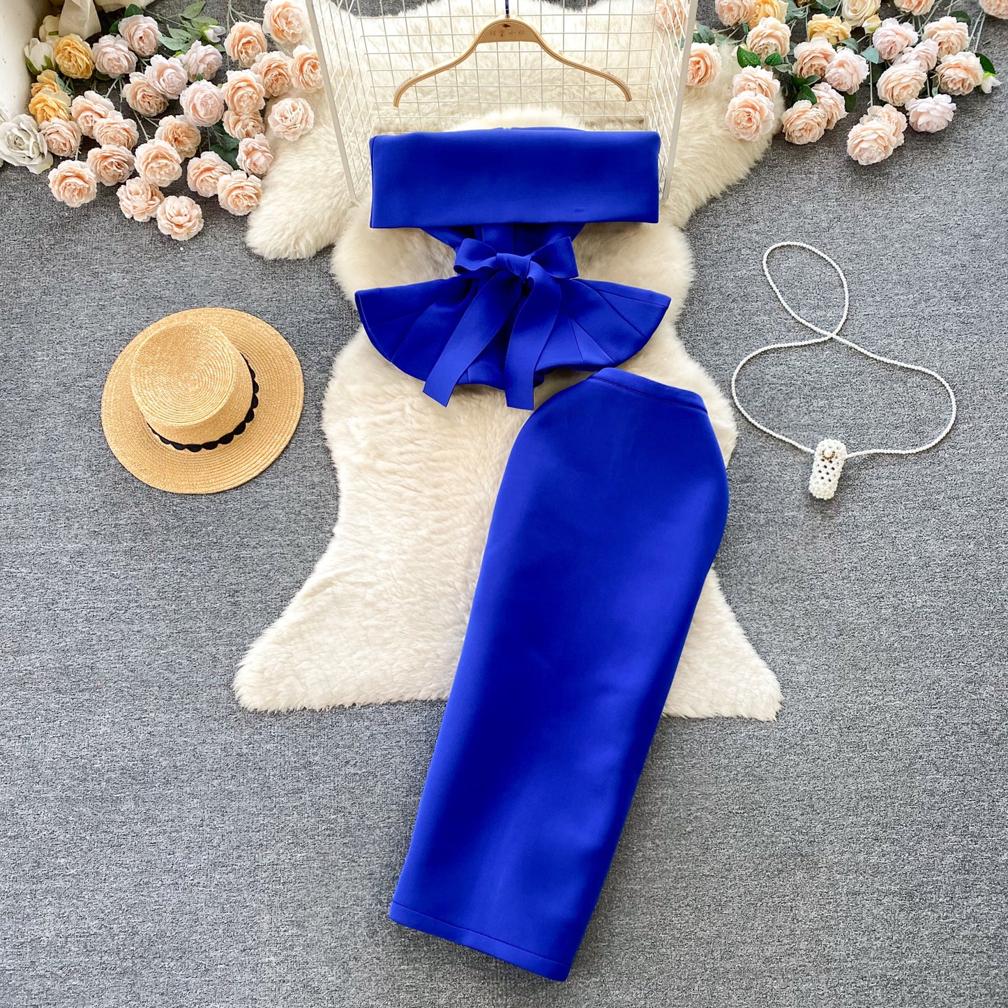 Palace style dress suit sexy one shoulder waist lotus leaf hem top versatile skirt two piece suit R2251