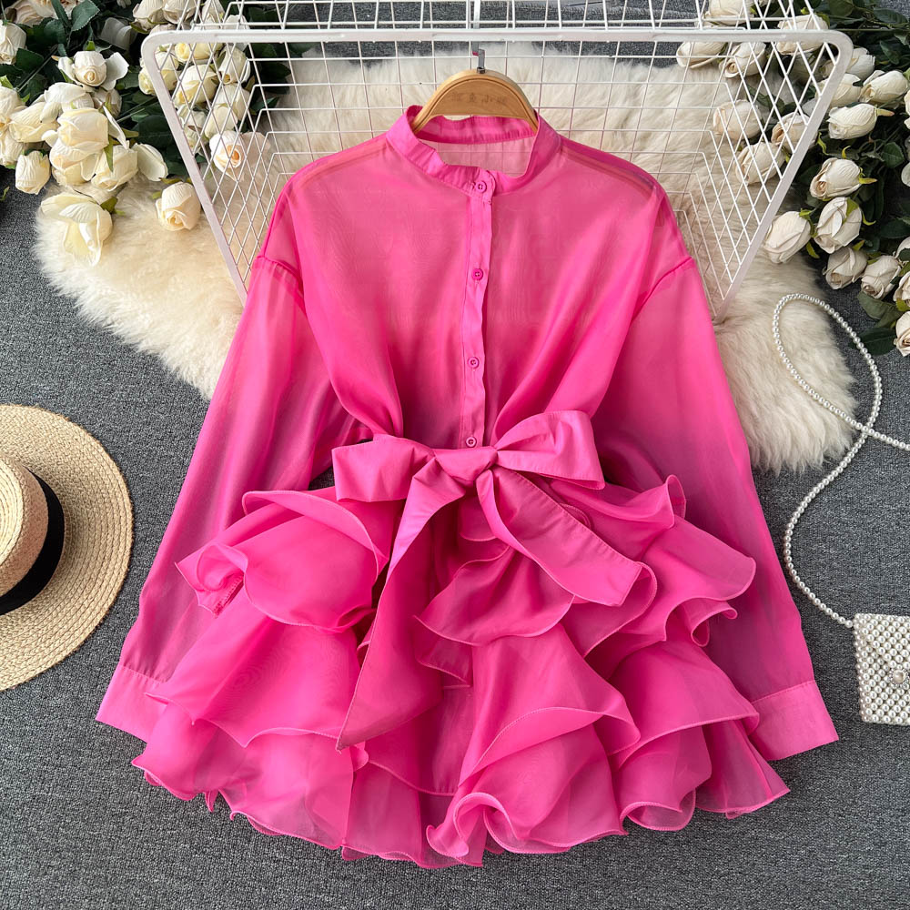 Chiffon chic tops new ruffles high-end design bow tie niche shirt R2252