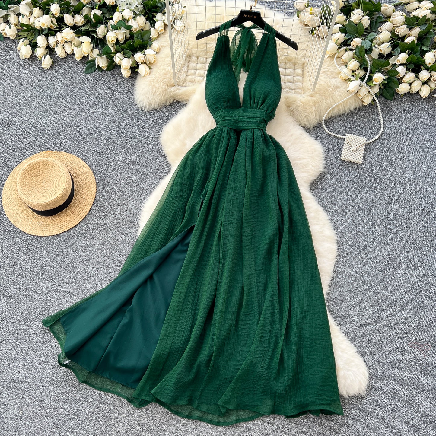 Elegant dress French style deep V-neck halter neck strap waist slit backless holiday long dress R2264