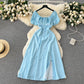 Retro romantic floral dress summer puff sleeves slit design niche chic beautiful long skirt R2248