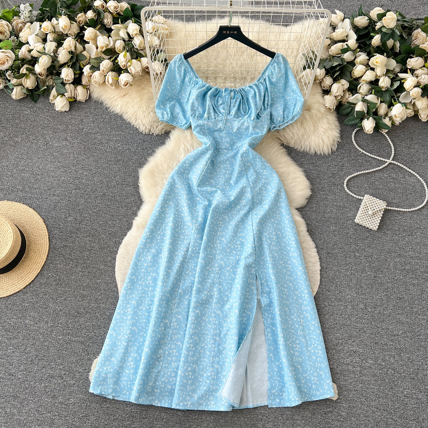 Retro romantic floral dress summer puff sleeves slit design niche chic beautiful long skirt R2248