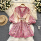 New French retro holiday style V-neck lantern sleeve waisted medium-length printed petite dress R2242