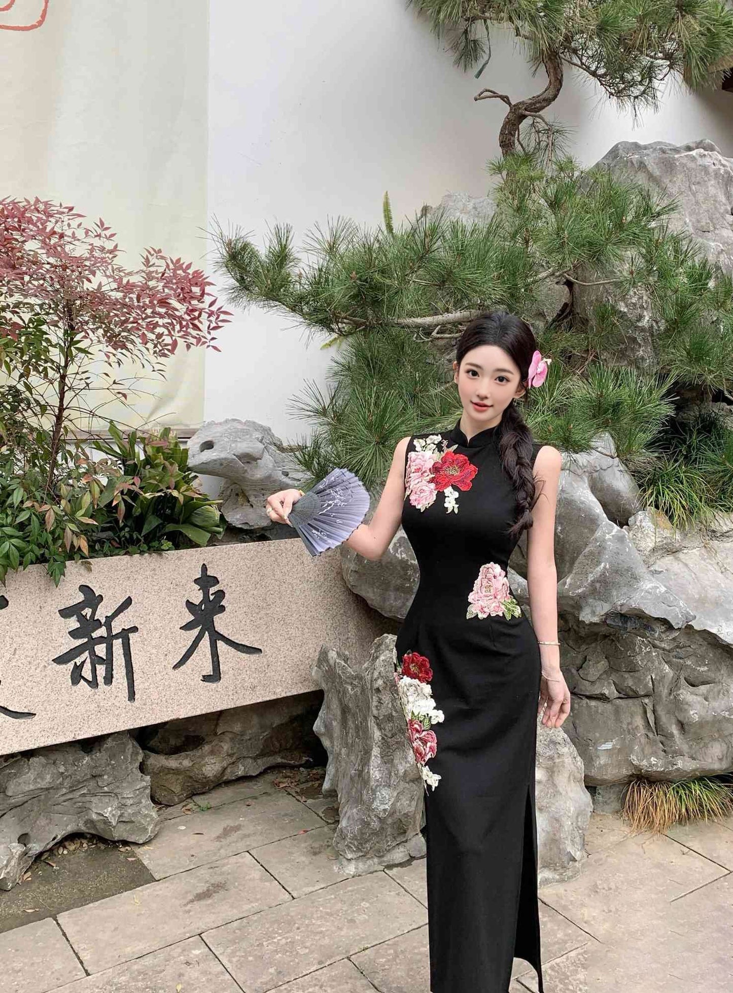 New Chinese retro stand collar dress with beautiful temperament and floral slim long skirt R0877