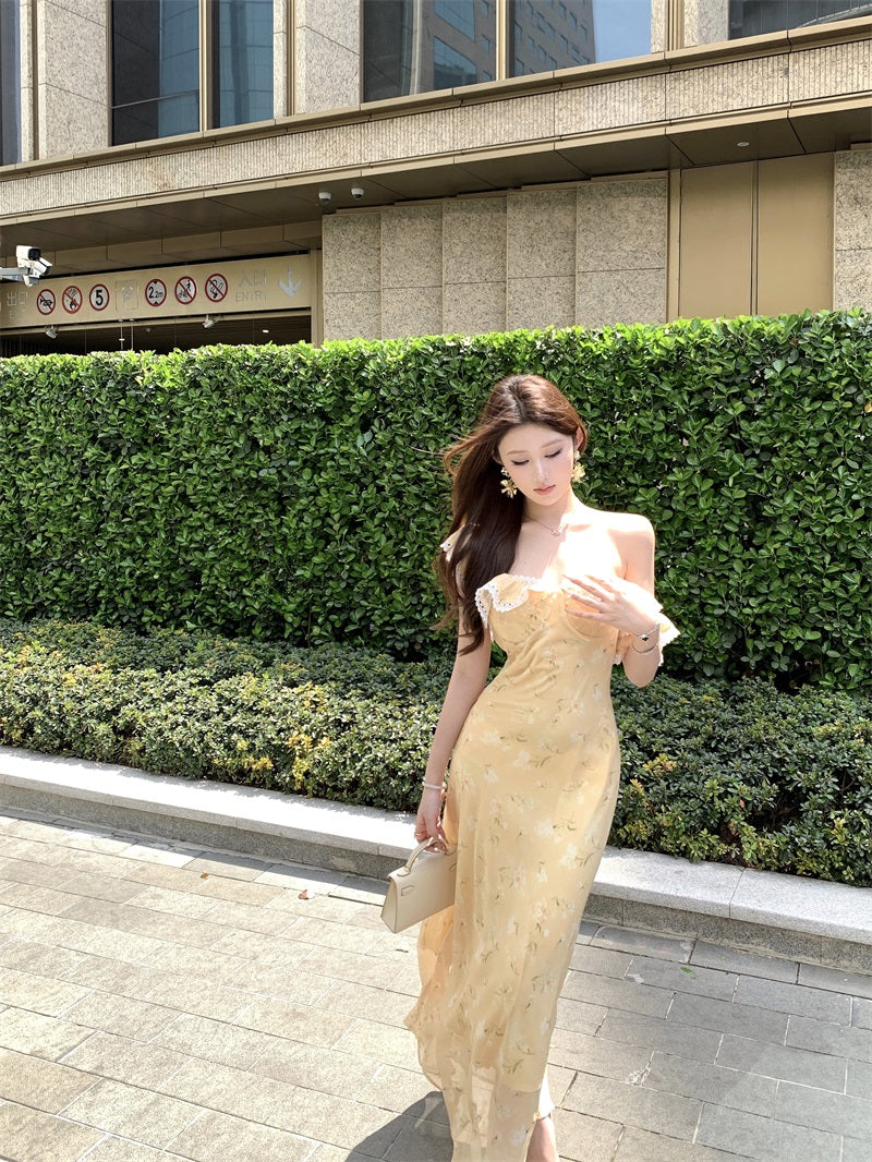 Beautiful little skirt gentle style floral yellow long skirt 2025 dress R0890