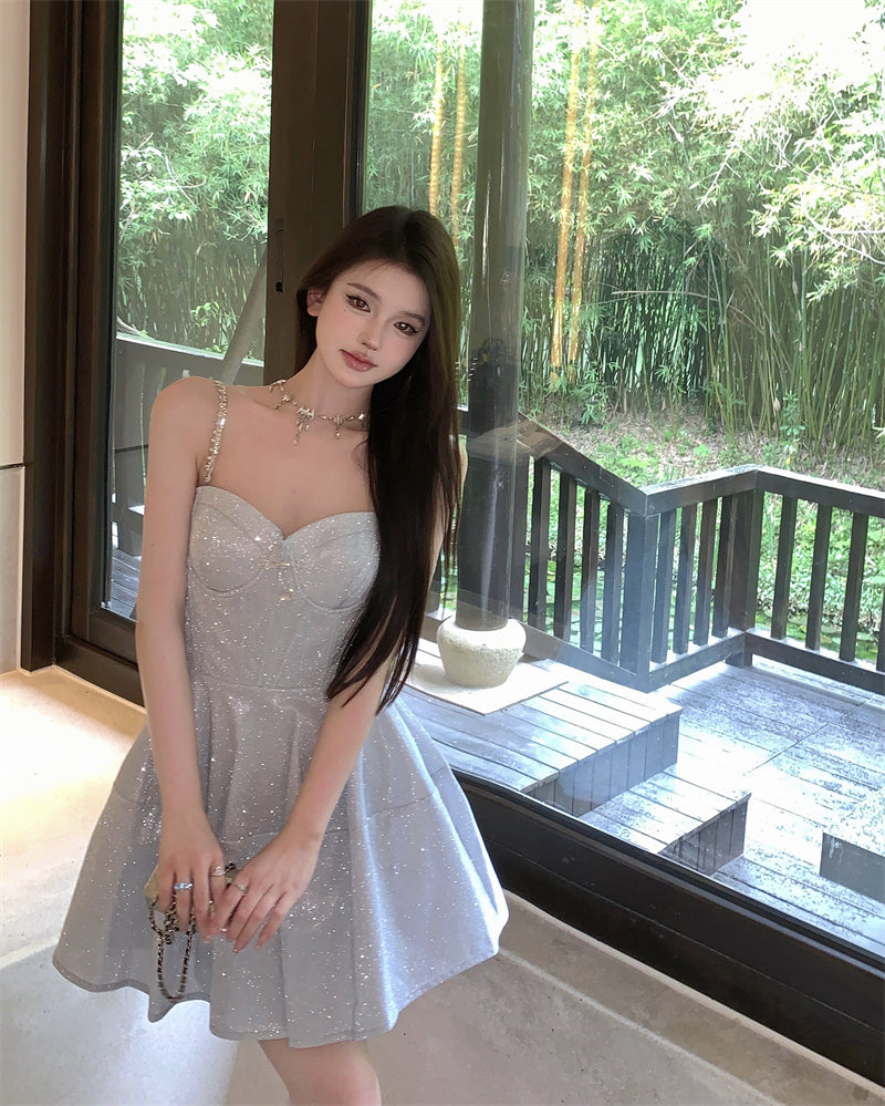 Sequined suspender dress sexy high waist slim V-neck temperament party dress R1494