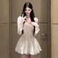 Square collar white lace puff sleeve dress gentle temperament pure waist skirt R0633