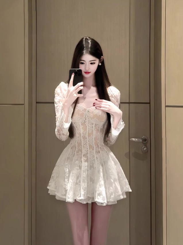 Square collar white lace puff sleeve dress gentle temperament pure waist skirt R0633