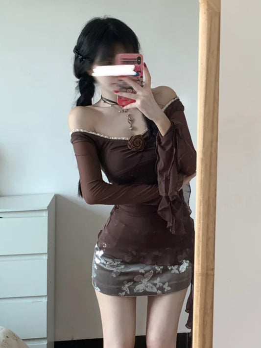 Large size French one-shoulder chic temperament slim fit top floral hip skirt two-piece set R1862