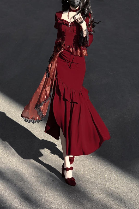 French Hepburn lolita elegant red fishtail dress dress high-grade small dress super fairy R1647