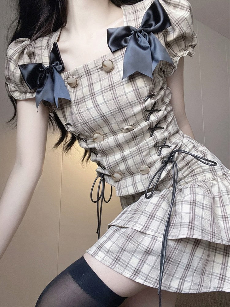 French first love skirt sweet retro plaid suit skirt puffy princess skirt two-piece suit R1648