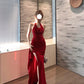 Retro red halter neck dress 2025 new hot girl sexy slit high waist hip long skirt R0036