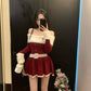 Christmas outfit red one-shoulder long-sleeved knitted New Year's battle robe suspender skirt R0022