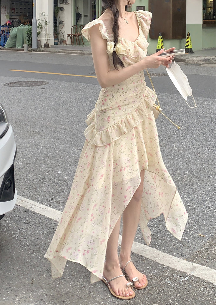 Tea break French floral dress seaside holiday style irregular fairy long dress R0035