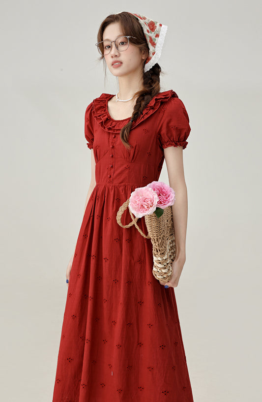French retro red puff sleeve dress beautiful holiday dress R1934
