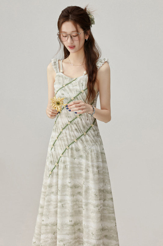 2025 Temperament Green Floral Suspender Dress Holiday Style Dress R1936