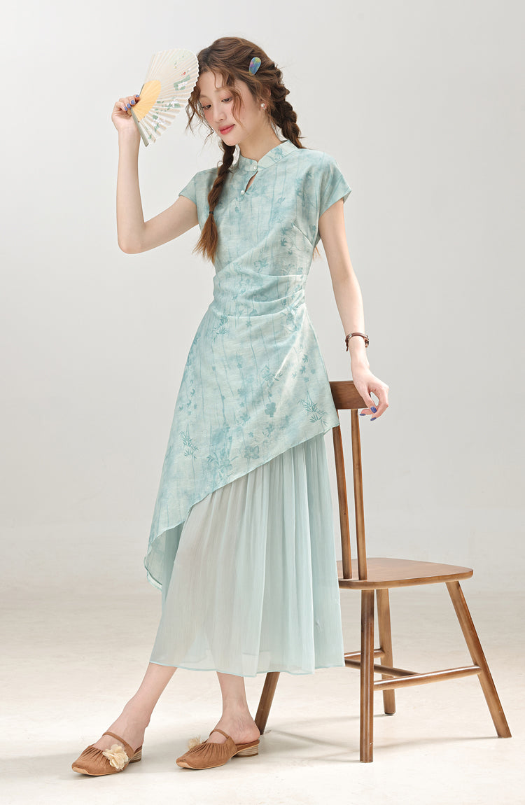 New Chinese style blue improved cheongsam dress cool feeling skirt R1937
