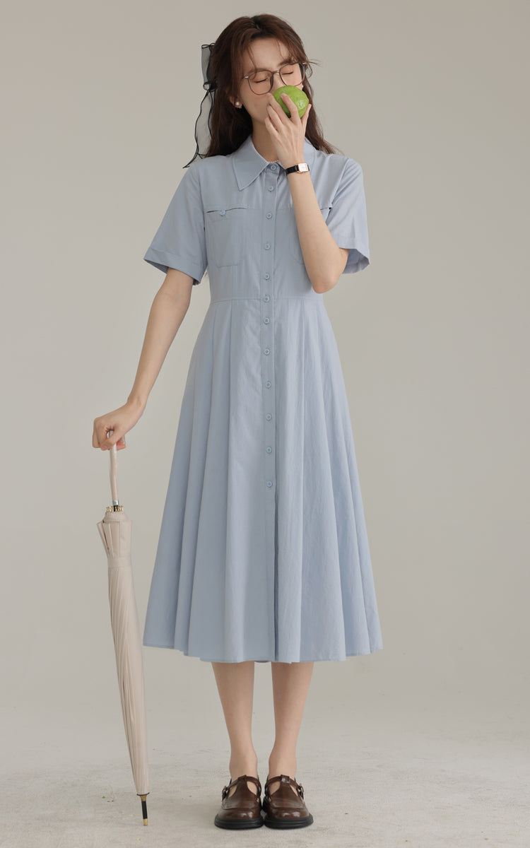 French new blue college style dress waist pleated shirt skirt R1938